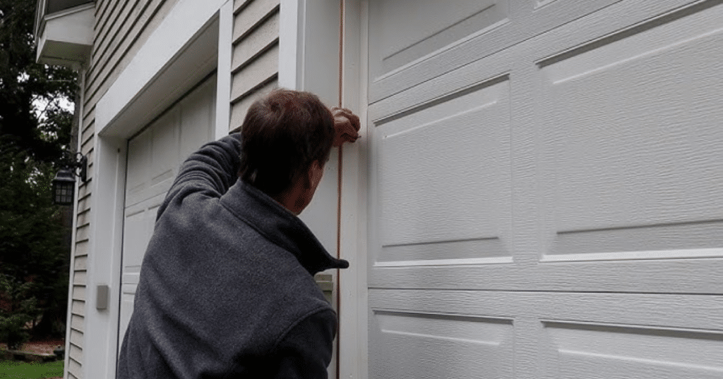 Inspecting garage door seal for gaps.