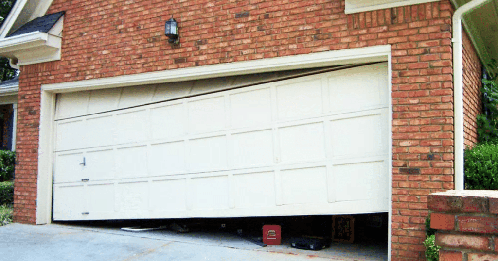 Garage door off track and slanted open.